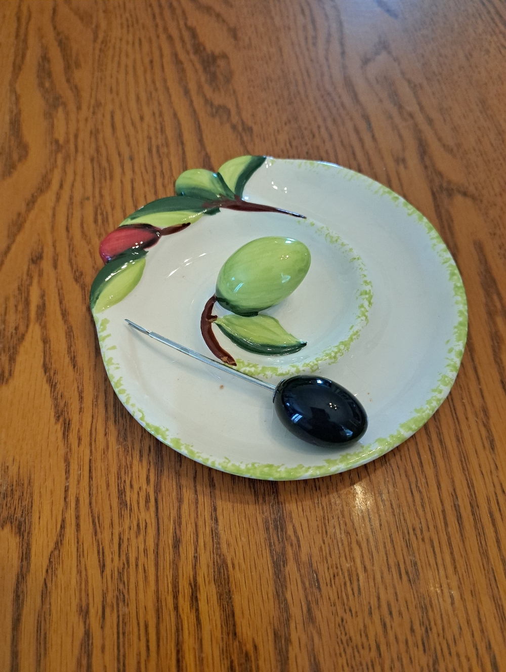 Vintage Hand-Painted Green Ceramic Olive Dish With Olive Pick (5inches)